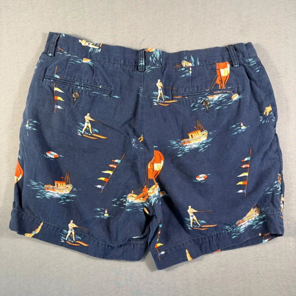 Polo Ralph Lauren Mens Navy Nautical Boat Swimmer Print Cotton Linen Shorts 35